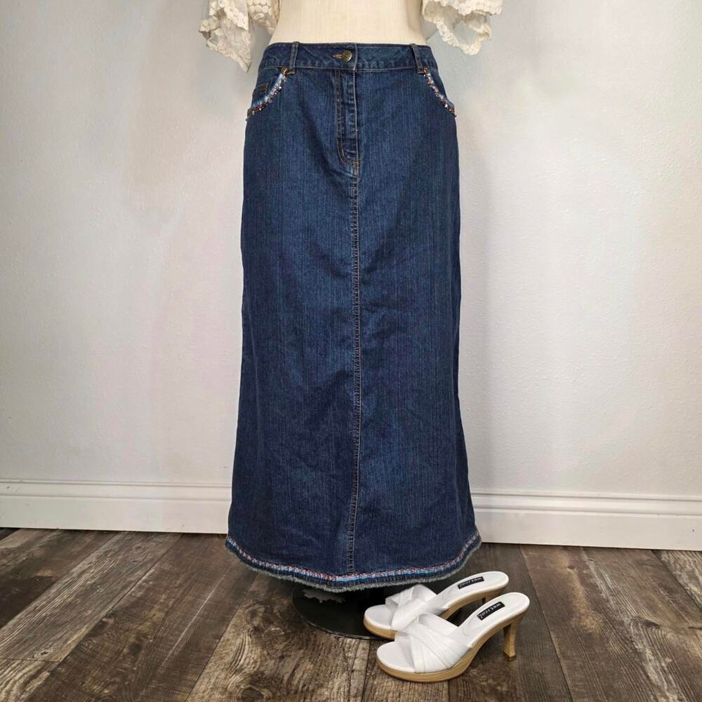 Y2K Denim Maxi Skirt Boho Embellished Beaded Western Festival Ruby Rd Jean Skirt